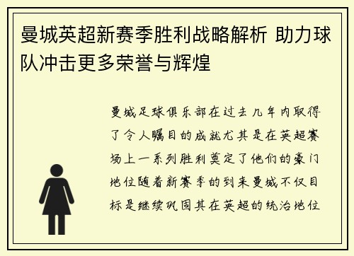 曼城英超新赛季胜利战略解析 助力球队冲击更多荣誉与辉煌